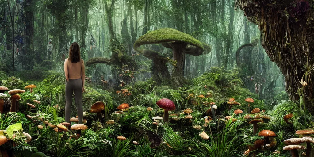 Image similar to extra wide view. person made of mushrooms standing in a marvelous magic forest jungle inhabited with fantastic creatures. iridescent. annihilation. hyper - detailed. hyperreal. unreal render.