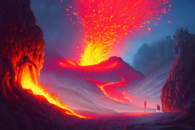 Prompt: lava, volcano eruption, cherry blossoms, unreal engine, fantasy art by greg rutkowski, loish, rhads, ferdinand knab, makoto shinkai and lois van baarle, ilya kuvshinov, rossdraws, tom bagshaw, global illumination, radiant light, detailed and intricate environment