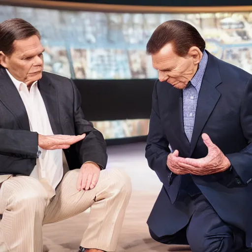 Prompt: kenneth copeland kneeling praying to meca