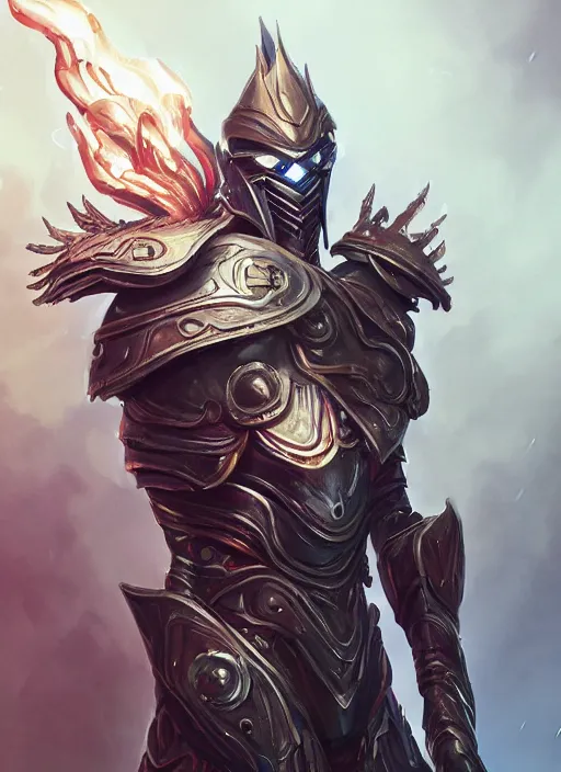 Image similar to a highly detailed illustration of futuristic cyber knight with flaming plume, glowing line cracks in armor, dramatic standing pose, intricate, elegant, highly detailed, centered, digital painting, artstation, concept art, smooth, sharp focus, league of legends concept art, WLOP