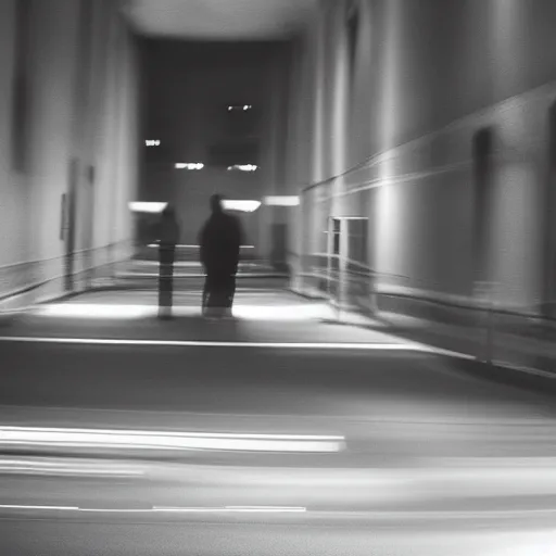 Image similar to an urban photograph of two shadowy figures, long exposure, 35mm, black-and-white