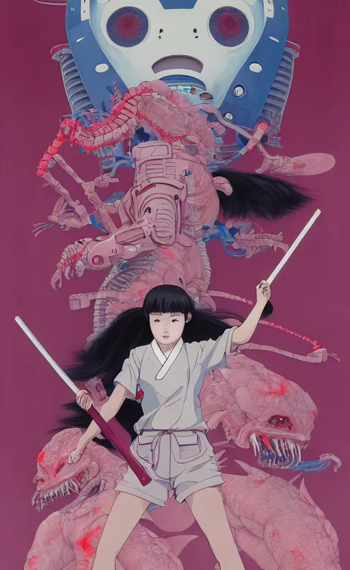 Image similar to Artwork by James Jean, Phil noto and hiyao Miyazaki ; a young Japanese future samurai police girl named Yoshimi battles an enormous looming evil natured carnivorous pink robot on the streets of Tokyo; Japanese shops and neon signage; crowds of people running; Art work by hiyao Miyazaki, Phil noto and James Jean