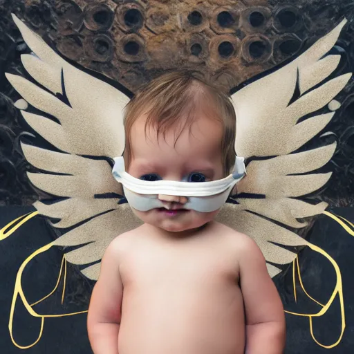 Prompt: a high tech 3 d rendering of a a baby cherub angel wearing a balaclava face mask, ski mask, face covered, covered face, fixed eyes, tattoos, multiple gold cuban chain necklace, graffiti in background octane render, blender