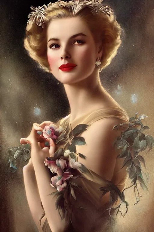 Image similar to a young and extremely beautiful grace kelly infected by night by tom bagshaw in the style of a modern gaston bussiere, art nouveau, art deco, surrealism. extremely lush detail. melancholic scene infected by night. perfect composition and lighting. sharp focus. profoundly surreal. high - contrast lush surrealistic photorealism. laughing, extremely happy.