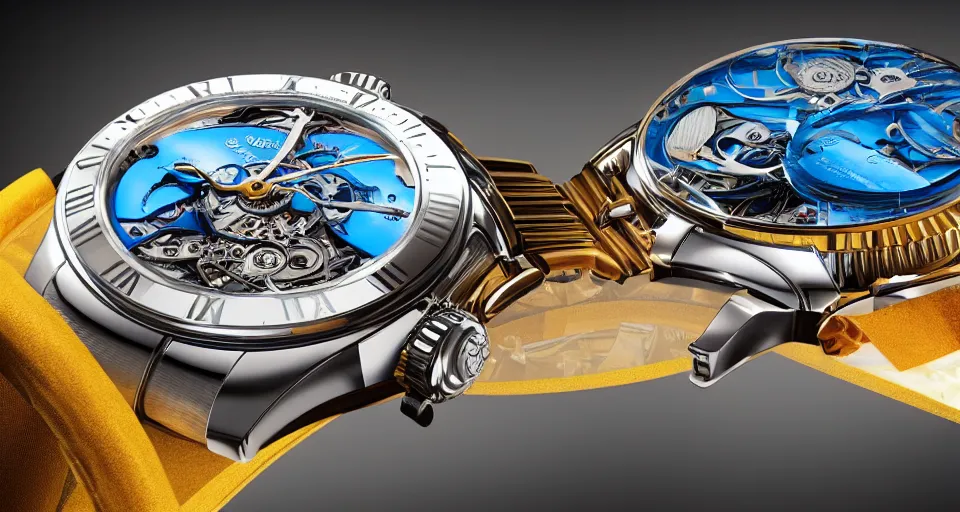 Prompt: a futuristic steampunk watch lying on a table, high detail, sharp focus, glowing blue interior components, fractal detail, depth of field, bokeh, cinematic lighting and composition, by syd mead and greg rutkowski and android jones, rolex