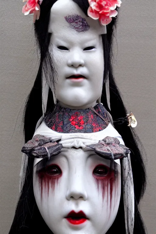 Image similar to porcelain eyeless geisha made by Kris Kuksi and HR Giger