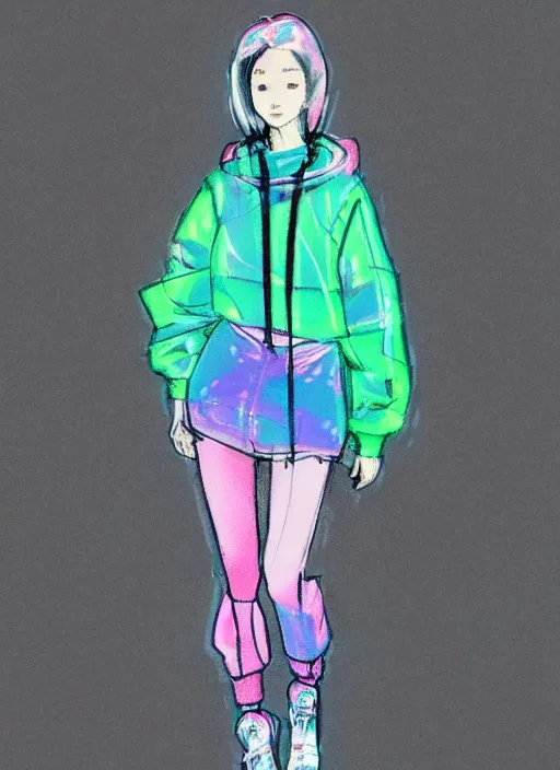 Prompt: bright cheery placid pastel yoji shinkawa sketch of girl wearing a puffy hoddie designed by balenciaga and skirt with an holographic pattern and skinny legs and yeezy 5 0 0