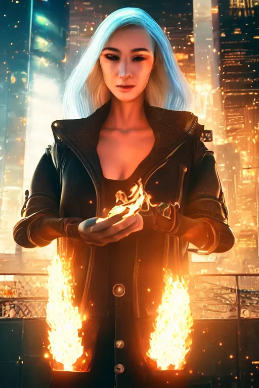 Prompt: beautiful blonde woman with fire in her hand, cyberpunk, behind her a city during the end of the world, realistic, high definition, many details, symmetrical face, realistic eyes, art of unreal engine 5