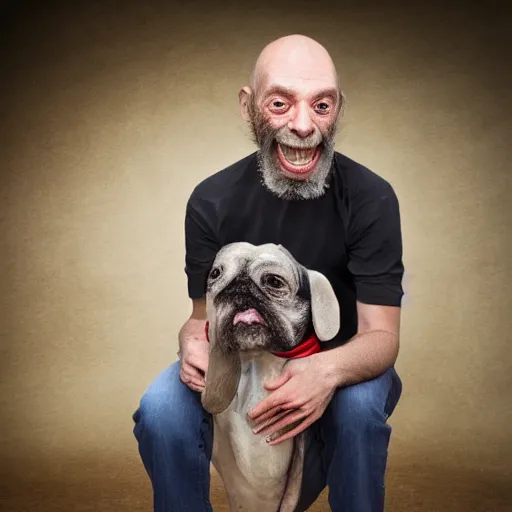 Prompt: worlds ugliest man with his ugly dog, studio photography