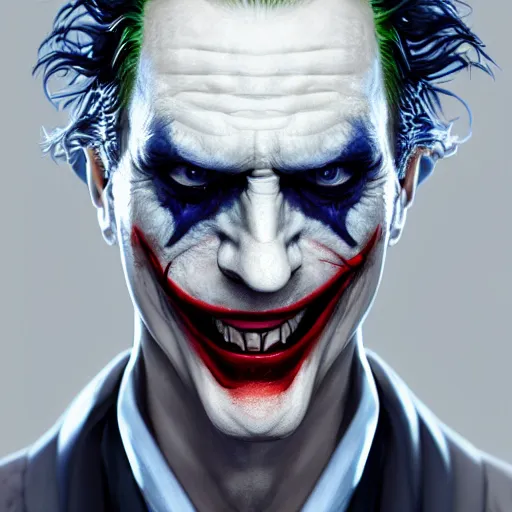 Image similar to a portrait of the joker, huggy wuggy from poppy playtime video game, fullbody, ultra high detailed, oil painting, greg rutkowski, charlie bowater, yuumei, yanjun cheng, unreal 5, daz, hyperrealistic, octane render, rpg portrait, dynamic lighting, fantasy art, beautiful face