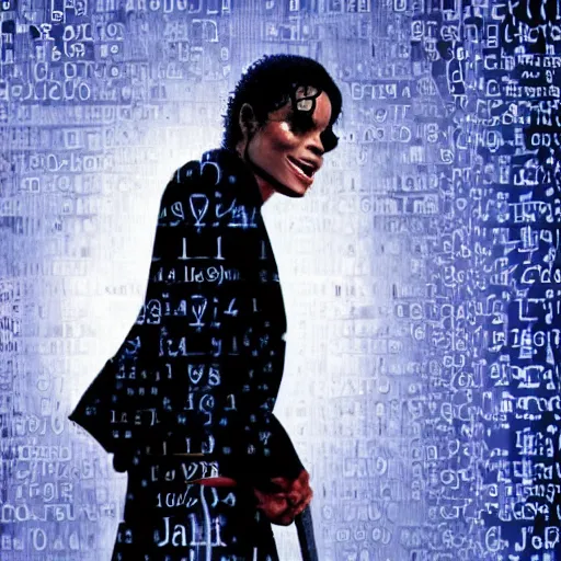 Prompt: Michael Jackson in the Matrix, raining codes background