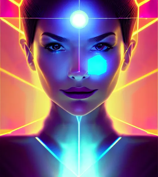 Image similar to symmetry!! latin princess of technology, solid cube of light, hard edges, product render retro - futuristic poster scifi, lasers and neon circuits, beautiful woman latin princess, intricate, elegant, highly detailed, digital painting, artstation, concept art, smooth, sharp focus, illustration, dreamlike, art by artgerm