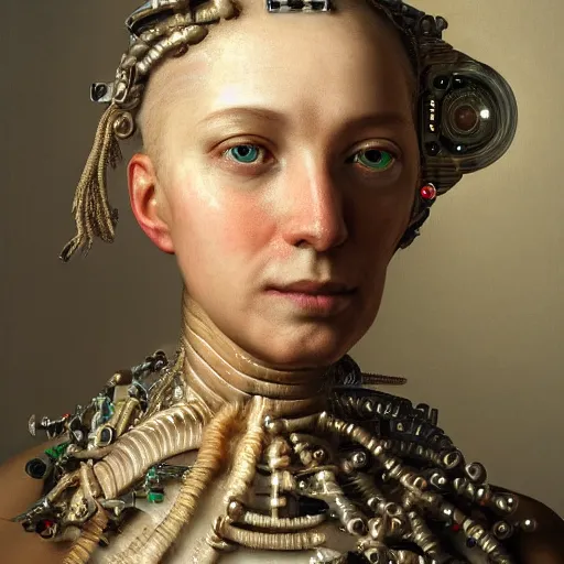 Prompt: Ultra detailed, 4K Portrait of cyborg fully dressed woman by Rachel Ruysch