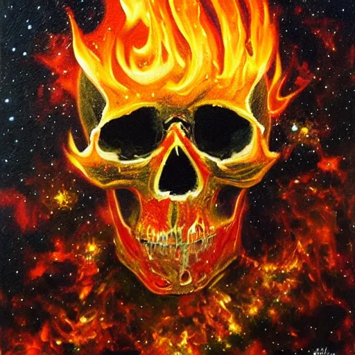 Prompt: skull made of fire and diamonds, floating in the universe, oil painting