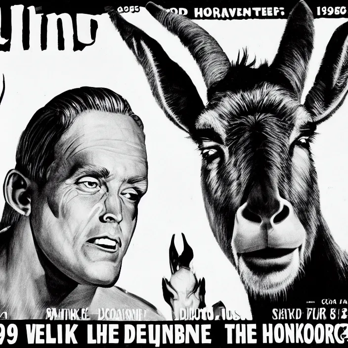 Prompt: 1 9 6 0 s horror movie poster featuring an evil donkey staring into the camera very detailed 8 k black and white