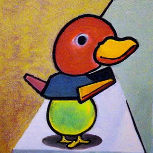 Image similar to a realistic duck walked up to the cubist lemonade stand