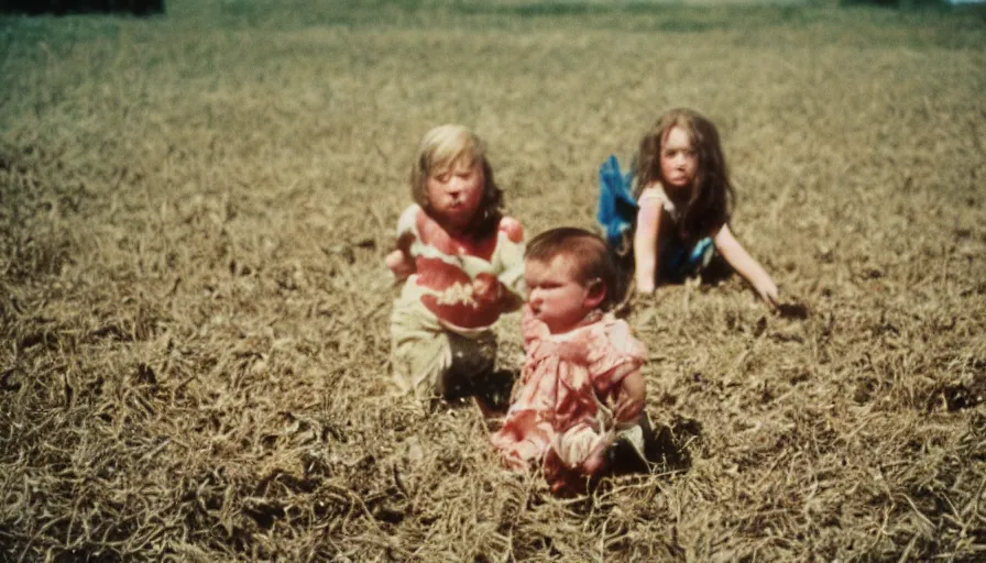 Prompt: 7 0 s film still from a horror movie about evil babies on a farm, kodachrome, cinecolor, cinestill, film grain, film texture, retro, cinematic, high resolution, photorealism,