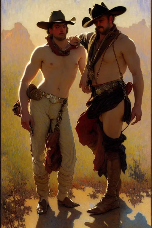 Prompt: a homoerotic painting by gaston bussiere, craig mullins, alphonse mucha j. c. leyendecker of two cowboy duelists in love | shirtless, leather clothing, bandoliers | natural lighting, path traced, highly detailed, high quality, digital painting, trending on artstation