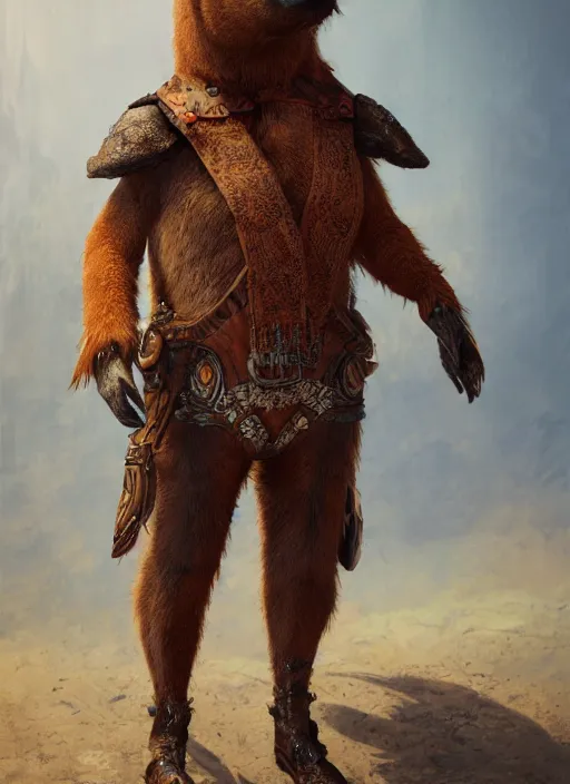 Prompt: detailed full body concept art illustration oil painting of an anthropomorphic capybara cowboy in full intricate clothing, biomutant, ultra detailed, digital art, octane render