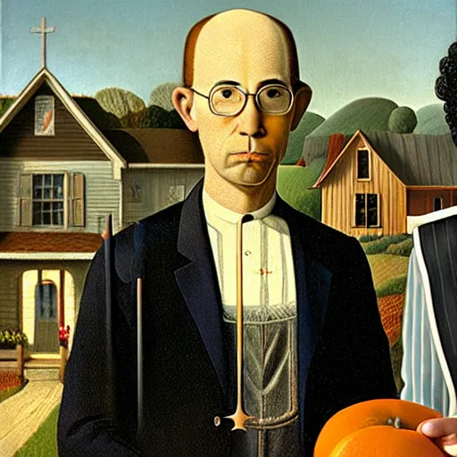 Image similar to fat orange tabby cat, man with afro curly hair in american gothic by grant wood