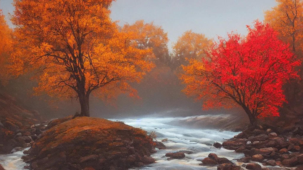 Prompt: A beautiful oil painting of a single tree, the tree is at the top of a hill, the tree is in the rule of thirds, the fall has arrived and the leafs started to become golden and red, the river is zigzagging and flowing its way, the river has lots of dark grey rocks, by Greg Rutkowski