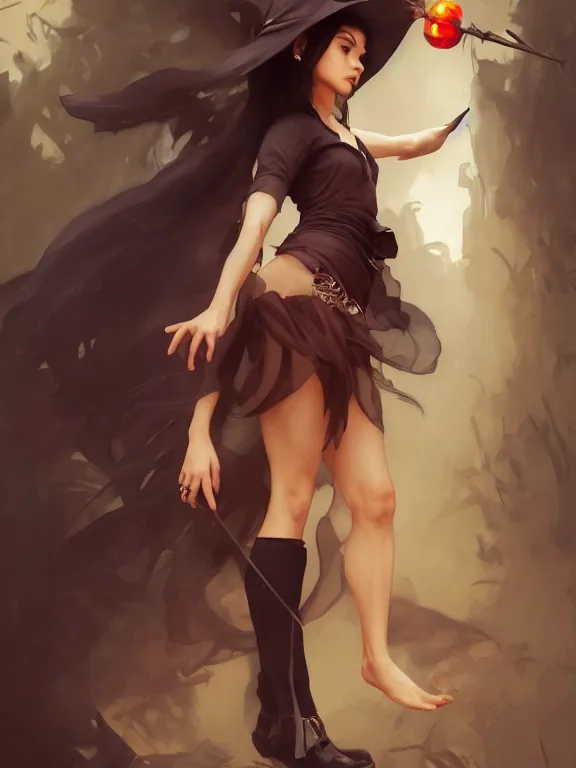 Image similar to Full shot of a mischievous young witch about to get up to some trouble. Latin American fashion. Black and Orange palette. Latina girl. brown skin. Symmetrical facial features. By Ruan Jia and Artgerm and Range Murata and WLOP and Ross Tran and William-Adolphe Bouguereau. Key Art. Fantasy Illustration. award winning, Artstation, intricate details, realistic, Hyperdetailed, 8k resolution.