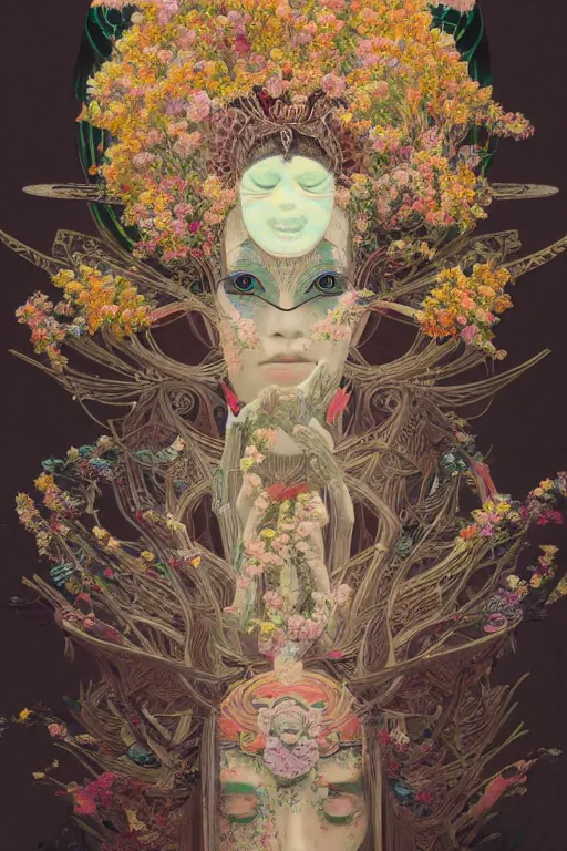 Image similar to portrait breathtaking detailed concept art painting art deco pattern of birds goddesses amalmation flowers head thibetan temple, by hsiao ron cheng, tetsuya ichida, bizarre compositions, tsutomu nihei, exquisite detail, extremely moody lighting, 8 k, art nouveau, old chines painting, art nouveau