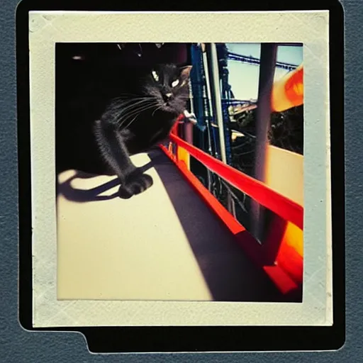 Image similar to black cat on a rollercoaster. the cat is enjoying the ride. sunlight. polaroid photo. saturated colors. selfie