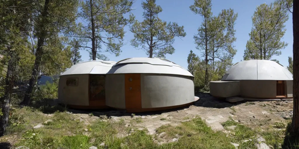 Prompt: futuristic yurt in the style of george suyama, concrete and steel, many square windows