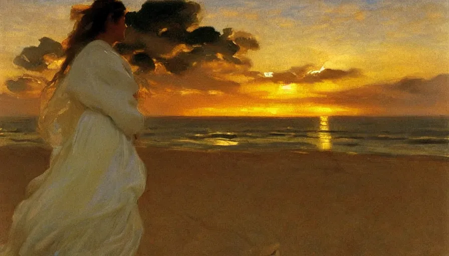 Prompt: wide scene of an angelic, glowing woman singing on the beach, overlooking the sea during sunset, by john singer sargent