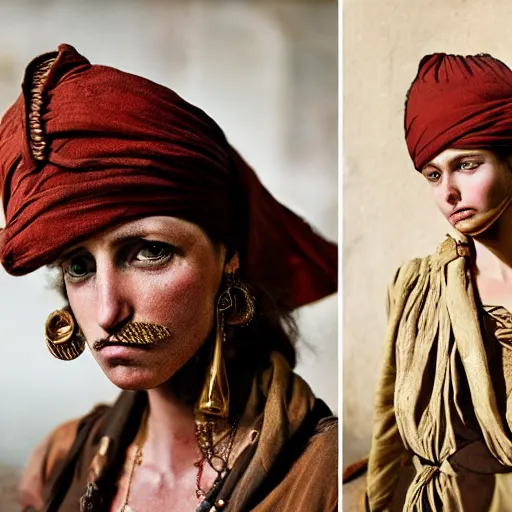 Image similar to Beautiful 18th Century Barbary Coast pirate female models with Ginger hair and Golden hooped earrings photography by Steve McCurry