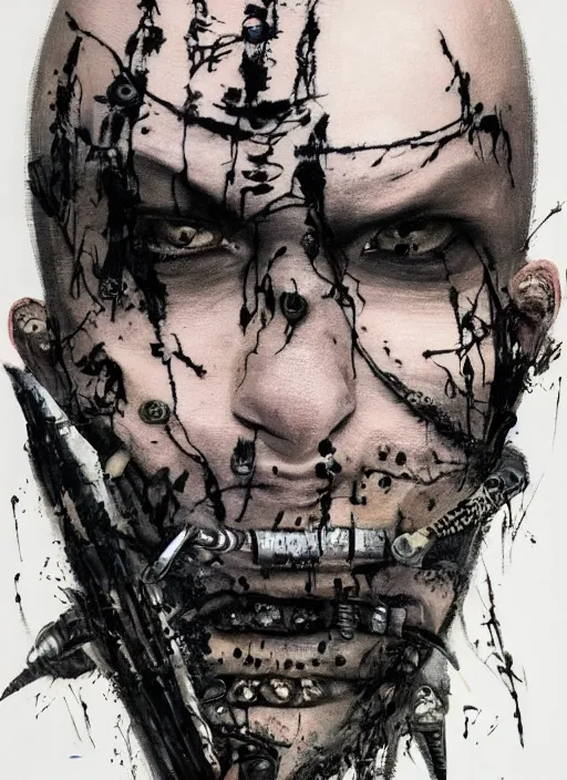 Prompt: a bald man with nails inserted into his two eyes, tattos around eyes, wide evil grin, painting, by greg ruthowski, yoshikata amano, yoji shinkawa, alphonse murac, collaborative artwork, beautifully drawn, heavily detailed