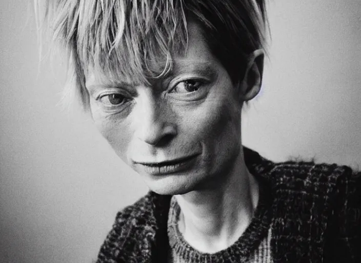 Image similar to professional fine detailed photo portrait of young tilda swinton from makhachkala, dagestan. kid tilda swinton in the postsoviet suburbia, iphone photo, instagram, black and white - - cfg _ scale 7