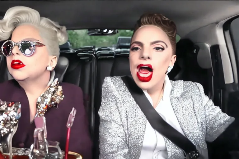 Image similar to lady gaga and judy garland doing carpool karaoke, lady gaga and judy garland, carpool karaoke, lady gaga, judy garland, carpool karaoke, youtube video screenshot, the late late show with james corden, higly realistic, high resolution, dashcam