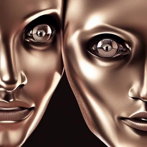 Image similar to smooth metallic cyborgs touching each other, photorealism