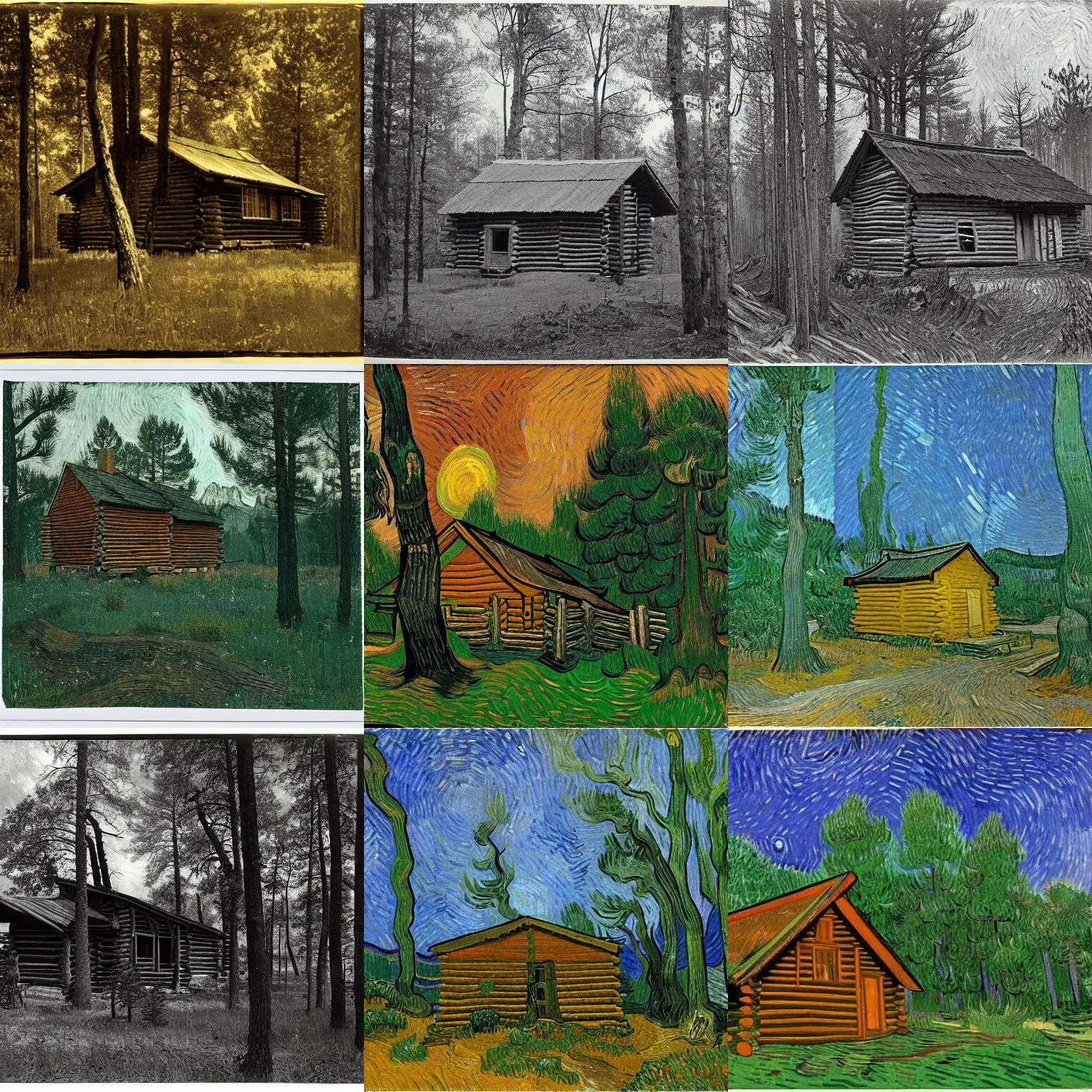 Prompt: [ a log cabin in the forest ] [ van gogh ] [ ansel adams ]