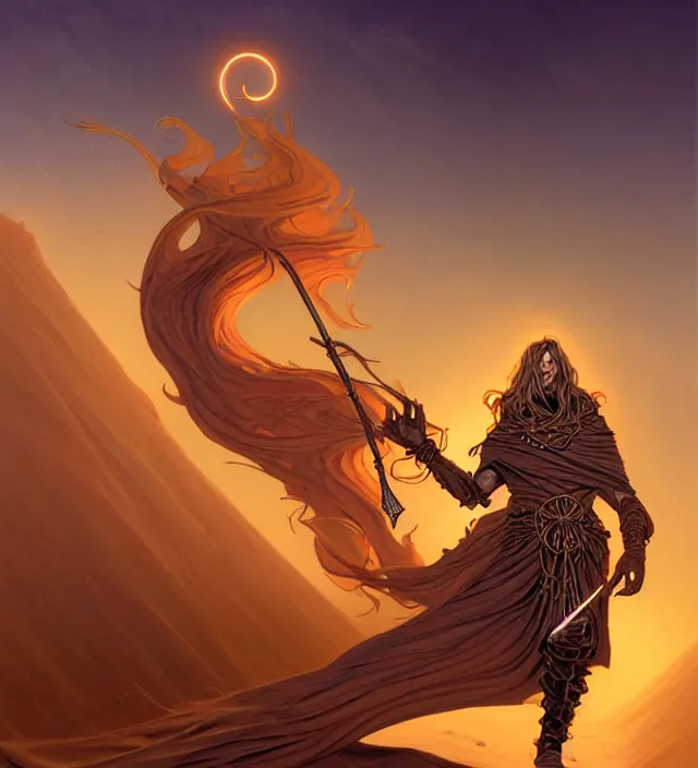 Prompt: a defiler wizard upon the dunes, the art of athas,'dark sun'- campaign setting, brom's dark sun art on a 7 0's style fantasy novel cover, digital painting by brom, amazingly detailed d & d art, concept art, intricate details, beautiful, volumetric lighting, ultrarealistic, cgsociety, artstation