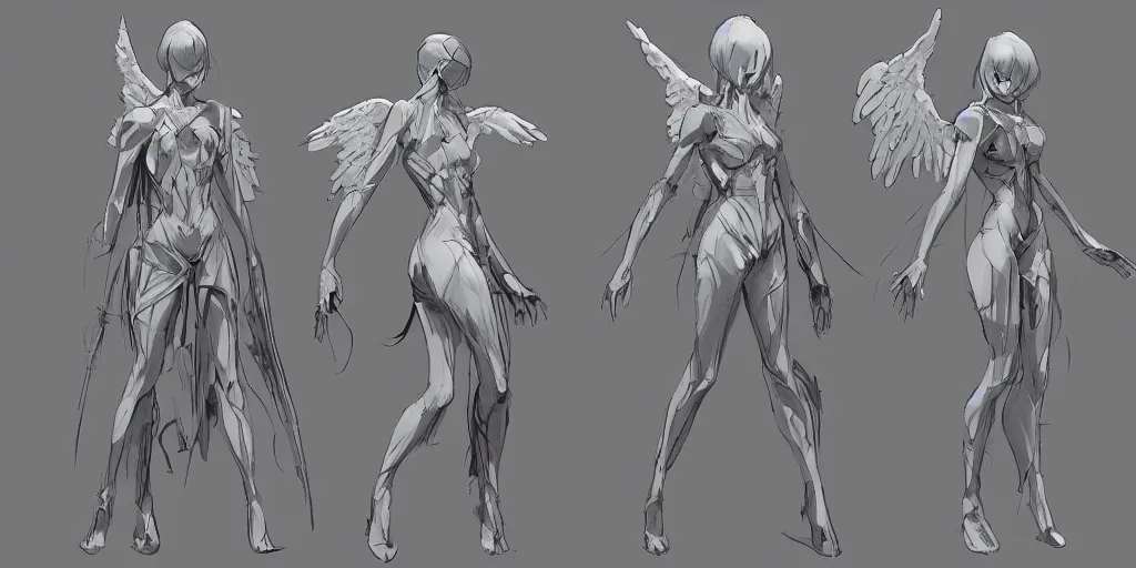 Image similar to the angel of death, character concept, character reference sheet, front and side views, by makoto shinkai, stanley artgerm lau, wlop, rossdraws, james jean, andrei riabovitchev, marc simonetti, krenz cushart, sakimichan, trending on artstation, digital art, character design, lou romano color scheme