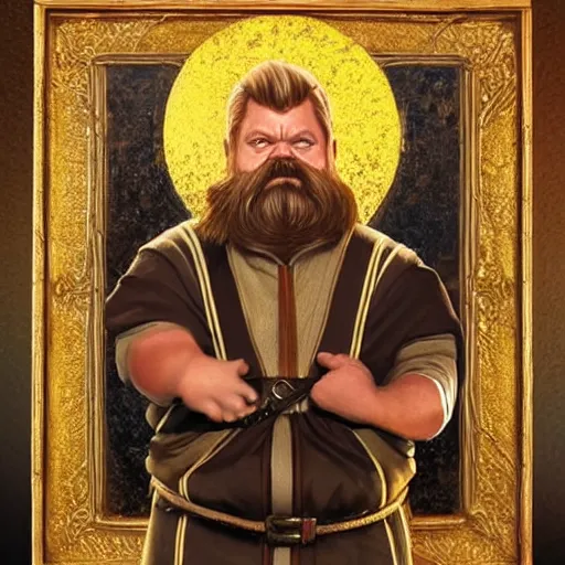 Image similar to a hyperrealistic painting of a saintly dwarven cleric that looks like ron swanson looking stoicly to the right, golden hour, iconography, cyberpunk