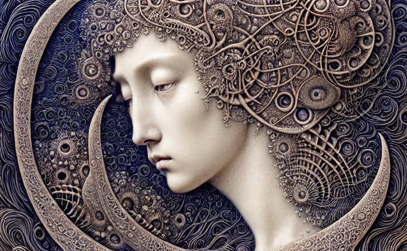 Image similar to detailed realistic beautiful moon goddess face portrait by jean delville, gustave dore, iris van herpen and marco mazzoni, art forms of nature by ernst haeckel, art nouveau, symbolist, visionary, gothic, neo - gothic, pre - raphaelite, fractal lace, intricate alien botanicals, ai biodiversity, surreality, hyperdetailed ultrasharp octane render