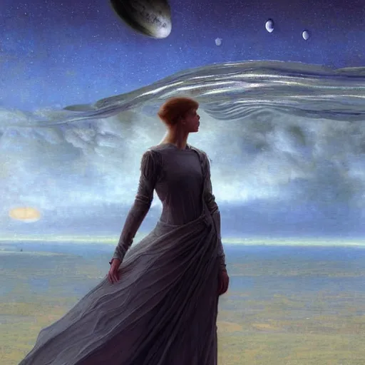 Prompt: epic wide angle view beautiful woman in a muslin dress watching from the Earth as a rogue planet looms on the horizon, by Edgar Maxence and Ross Tran and Michael Whelan