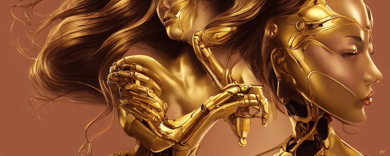 Image similar to beauty art nouveau woman, gold robotic, trending on artstation, by Artgerm