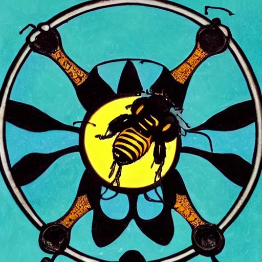 Image similar to a dark dangerous ritual spell with a dead bumblebee placed in the middle of a bloody bullseye at the center of the crosshairs of a gun, art nouveau, fantasy illustration, tarot