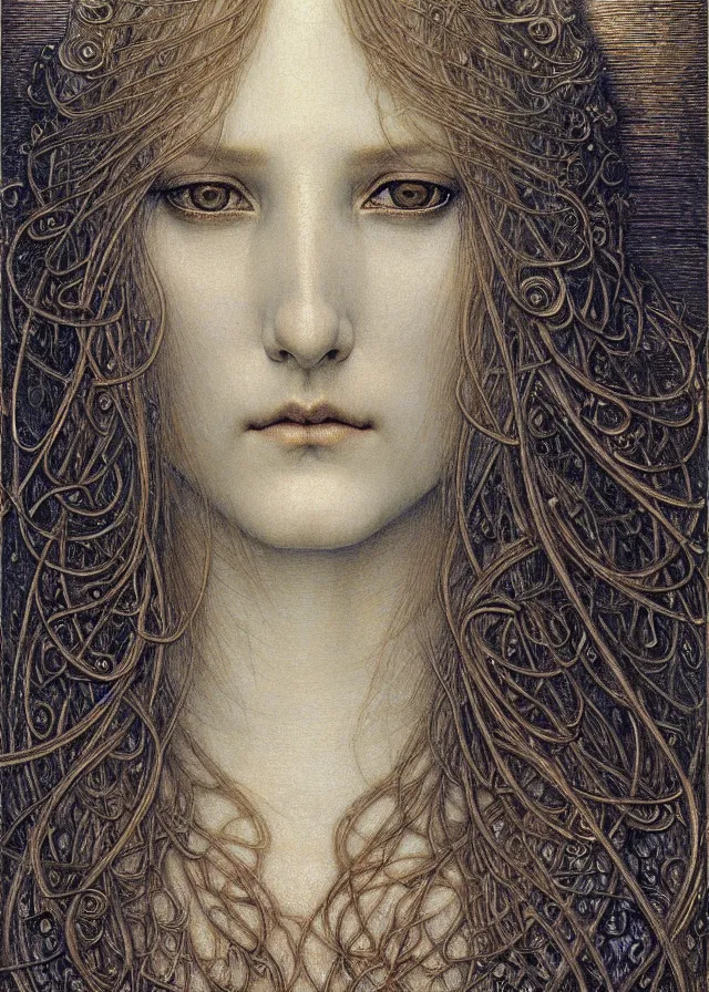 Image similar to detailed realistic beautiful young medieval queen face portrait by jean delville, gustave dore and marco mazzoni, art nouveau, symbolist, visionary, gothic, pre - raphaelite. horizontal symmetry