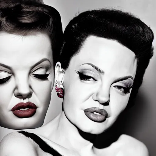 Image similar to a photographic portrait of a hybrid of judy garland and lisa minelli and angelina jolie, close up