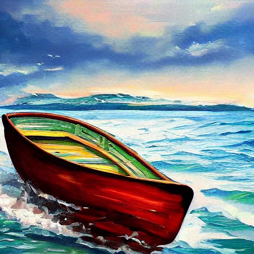 Image similar to a boat in the ocean, oil painting