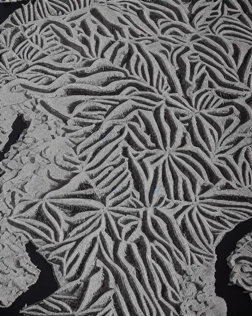 Prompt: an archipelago, made of intricate decorative lace leaf skeleton, shot from a drone, in the style of the dutch masters and gregory crewdson, dark and moody