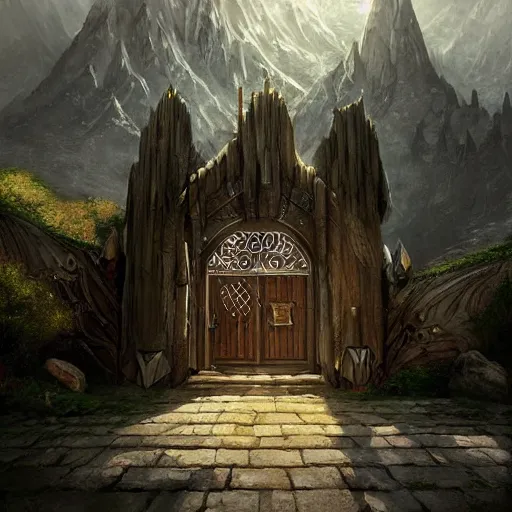 Prompt: beautiful digital painting of front gate of dwarf city of Erebor from Hobbit trending on Artstation, by Daniel Dociu and Greg Rutkowski, high quality, ultra detailed, ultra realistic, concept art, landscape, architecture, Hobbit, Erebor entrance