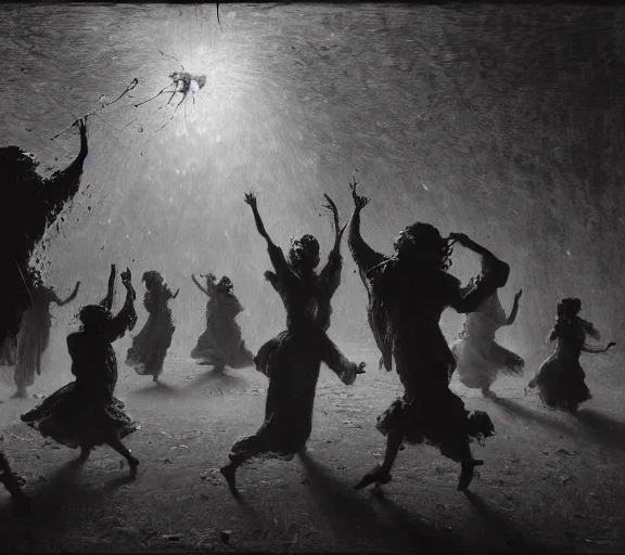 Prompt: scary, terrifying, evil shadow people dancing by gustave dore. money falling from sky, back glass painting, carnation, encaustic painting, b - roll, establishing shot, dappled light, crime scene photography, 8 k, vray, unreal engine, blender cycles, colorful