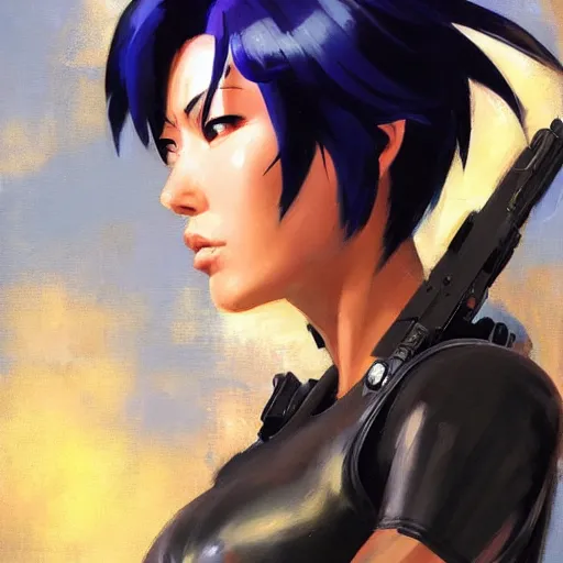 Image similar to greg manchess portrait painting of partially armored motoko kusanagi as overwatch character, medium shot, asymmetrical, profile picture, organic painting, sunny day, matte painting, bold shapes, hard edges, street art, trending on artstation, by huang guangjian, gil elvgren, ruan jia, greg rutkowski, gaston bussiere